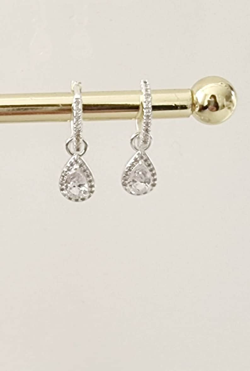 Pu&ograve; includere: Un paio di orecchini a cerchio d'argento con un cristallo a forma di lacrima che pende da ogni cerchio.