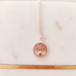 Puede incluir: Un collar de cadena de plata con un colgante de árbol de la vida de oro rosa. El colgante está rodeado de piedras de circonita cúbica transparentes.