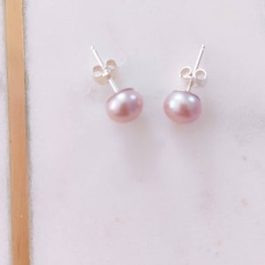 Statement studs, pearl studs. Dusty Pink, Fresh Water Pearl, Studs on Sterling Silver 7.5-8mm