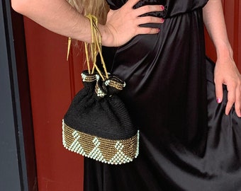 30s Flapper Corded Beaded Handbag, Round Art Deco Cinch Top Clutch Handbag Purse