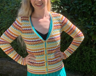 80s MISSONI Striped Cardigan Sweater,Yellow Bright Colors,Orange Label Made in Italy size 44 US 8