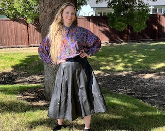 Retro 80s Black Leather MIDI Skirt, A-Line Black Leather Skirt 1980s