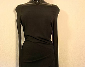 1990s DONNA KARAN Black Jersey Dress,Made in Italy Size 4/6  Clingy Long Sleeve LBD
