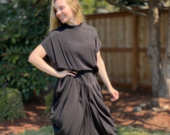 90s  NICOLE MILLER Black Ruched Draped Dress - Unique Shaped Black Dress with Union Label