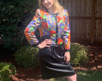 80s JOAN LESLIE Silk Print Jacket and Skirt Set Suit size 12, 1980s Bright Print Skirt Suit