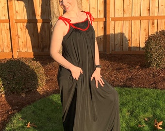 70s Geoffrey Beene Black and Red A-line Maxi Dress - Loungewear Maxi Dress