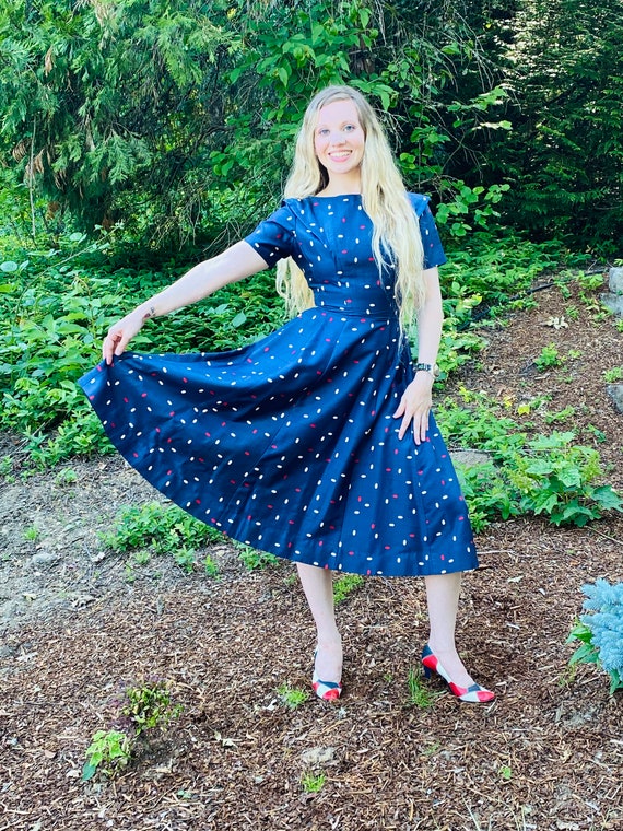 50s JANE ANDRE Silk Dress, Red White and Blue Day… - image 4