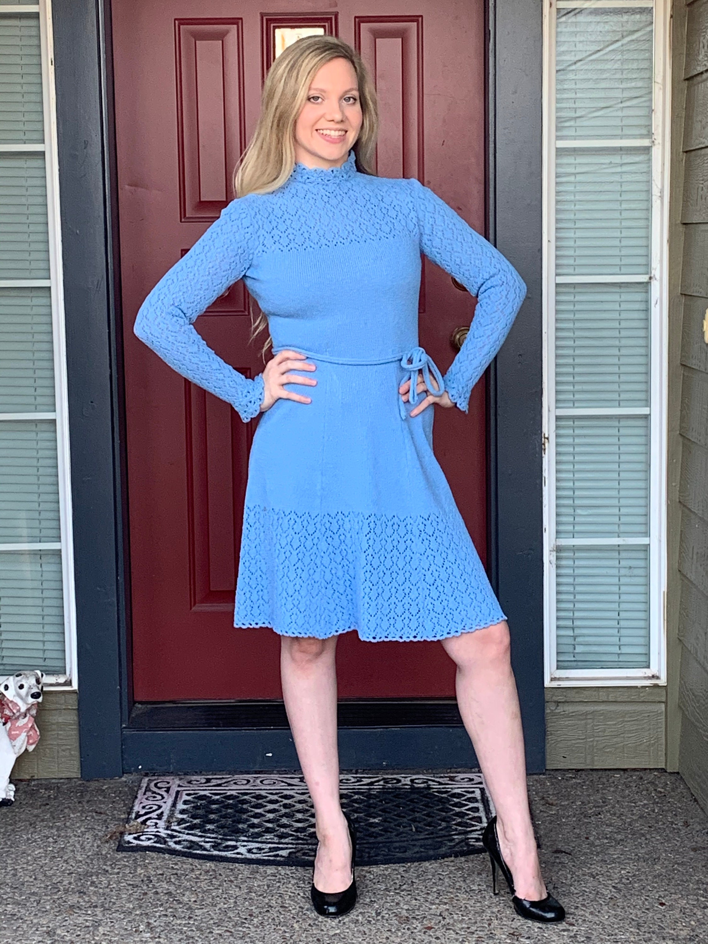 70s Sweater Dress Blue Knit Fit and 