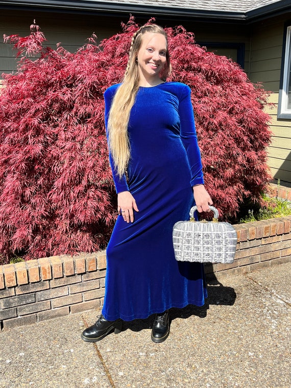 90s Linda Allard Ellen Tracy Blue Velvet Dress Long D… Gem