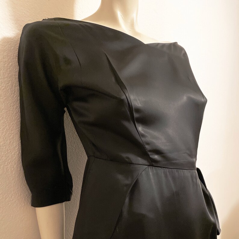 1950/'s SUZY PERETTE Black Silk New Look Stunning Draped Cocktail Dress Portrait Neckline Mrs Maisel Mad Men