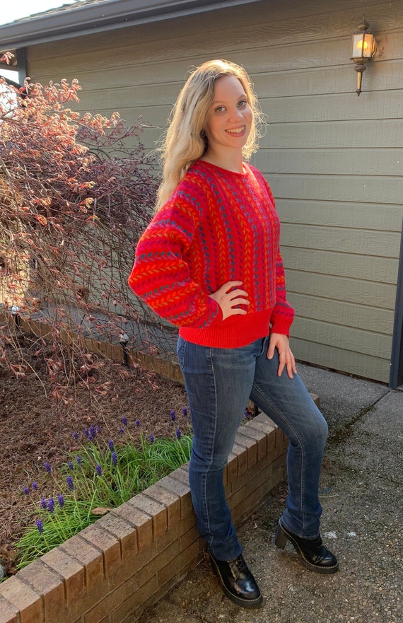 80s Red DEVILLE Sweater, Colorful Retro Sweater,Si