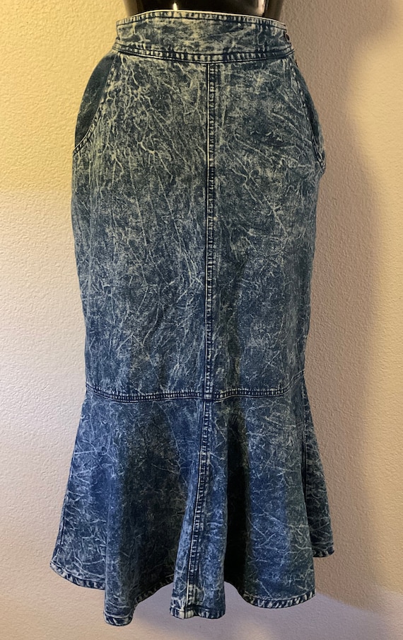 80s GAZOZ Long Denim Acid Wash Skirt, Mid Length F