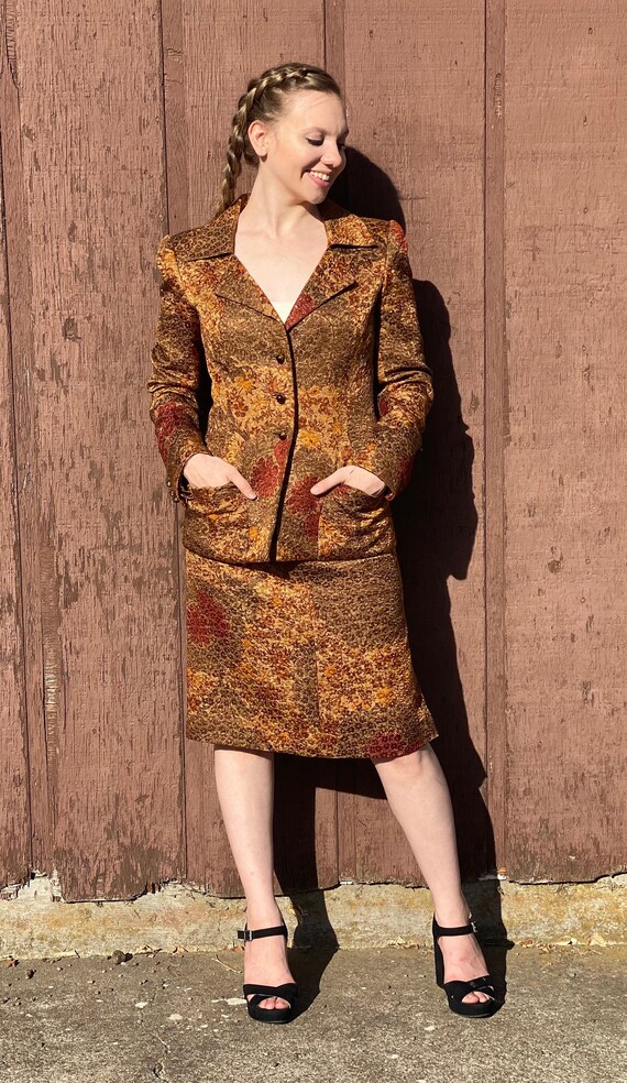 90s OSCAR De La RENTA Pink Label Silk Wool Brocade Skirt Suit Size