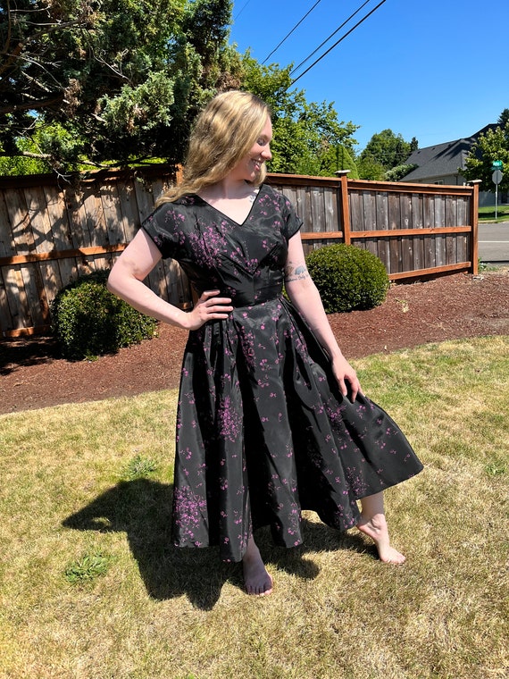 50s New Look Dress, Fit and Flare Black with Pink 