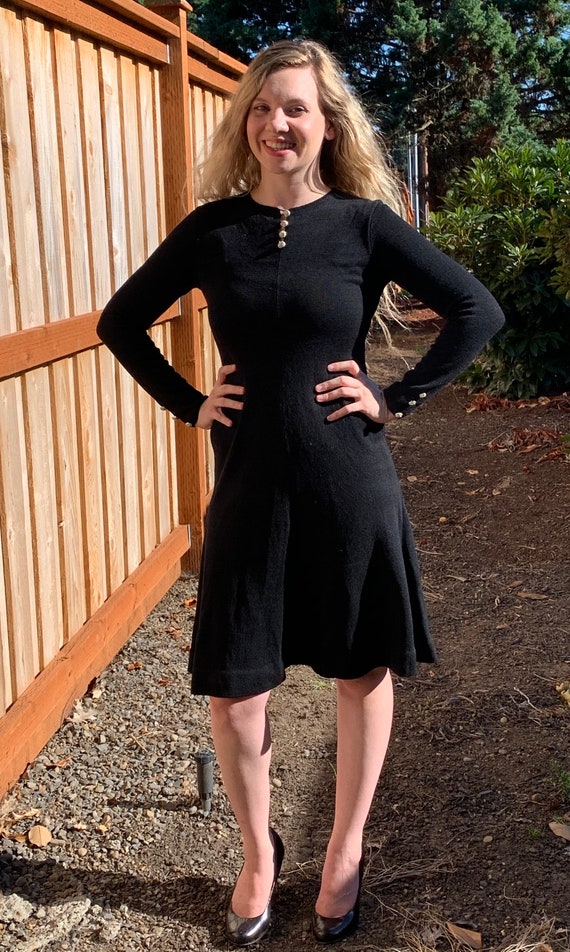 60s Black Knit Fit and Flare Dress by 