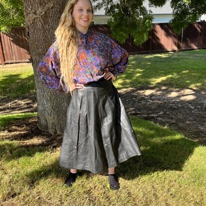 Retro 80s Black Leather MIDI Skirt, A-Line Black Leather Skirt 1980s image 4