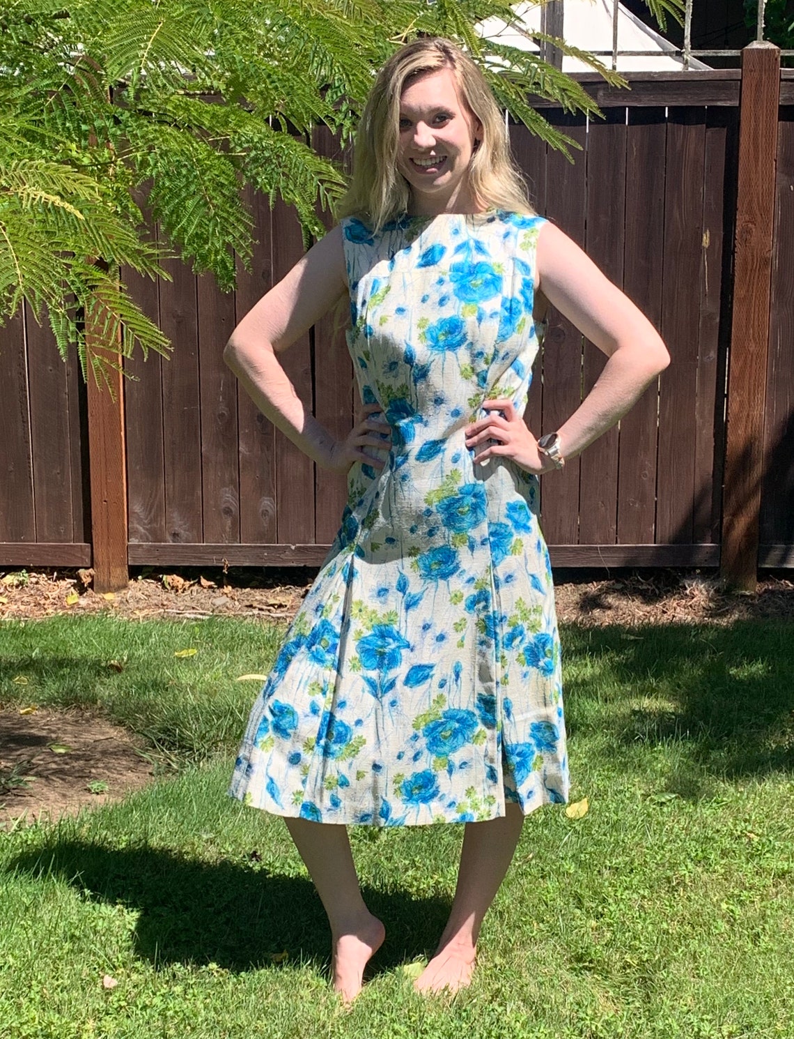 60s MOD Floral Dress White and Blue Floral day dress | Etsy