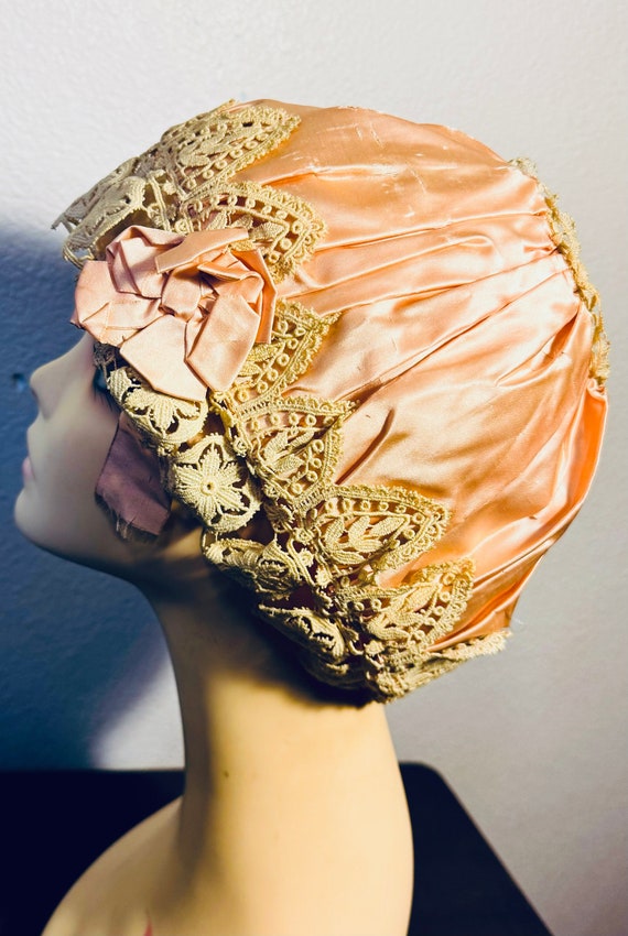 1920s Boudoir Cap, Handmade Lace and Silk Hat Cap 