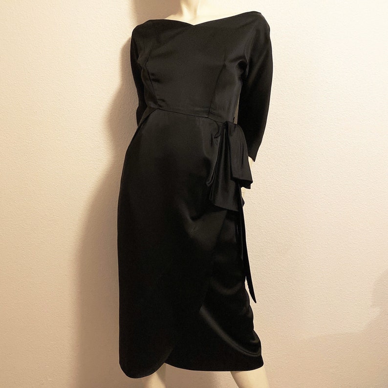 1950/'s SUZY PERETTE Black Silk New Look Stunning Draped Cocktail Dress Portrait Neckline Mrs Maisel Mad Men