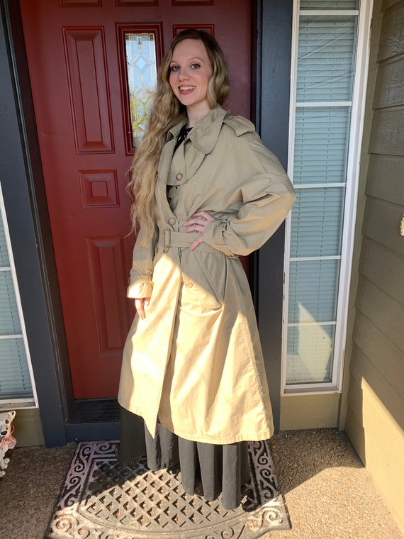 80s Ralph Lauren Polo Trench Coat, Vintage Spy Trench, Rings on Belt, DB Long Belted Trench Coat Large L Mens
