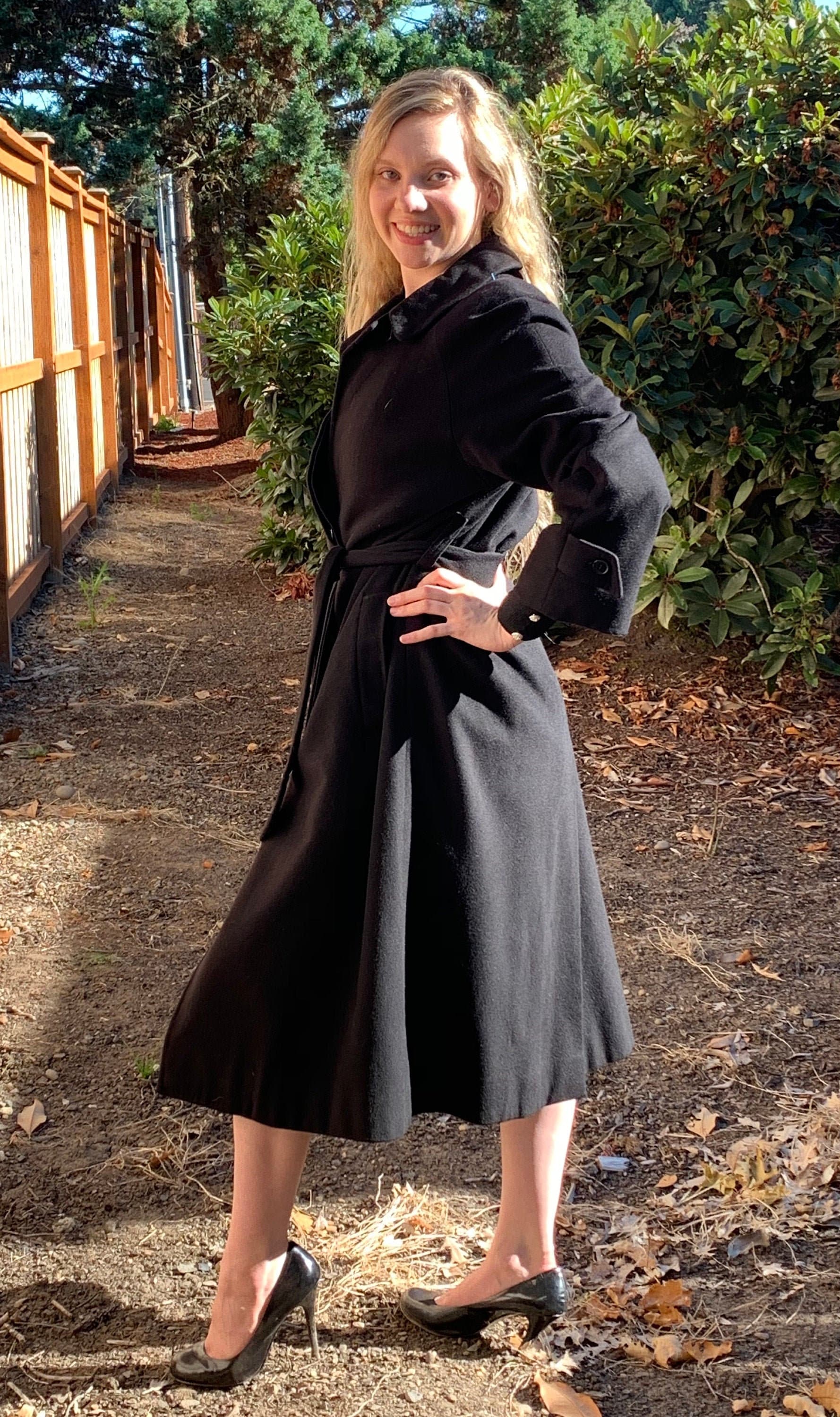 50s Mid Century Cashmere Overcoat Black Belted CHESTER BARRIE