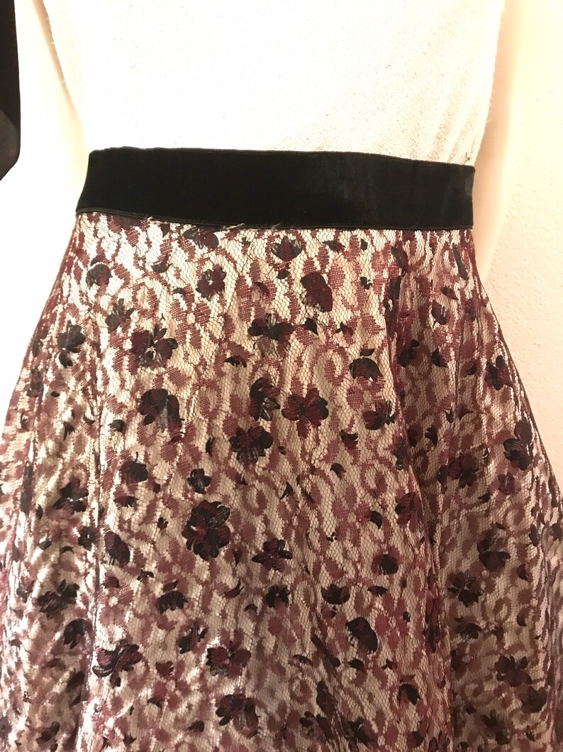 50s Lace Rockabilly Circle Skirt Swing Pinup Skirt L XL by SMART SET Sportswear Black and Brown Lace Overlay Over White Satin