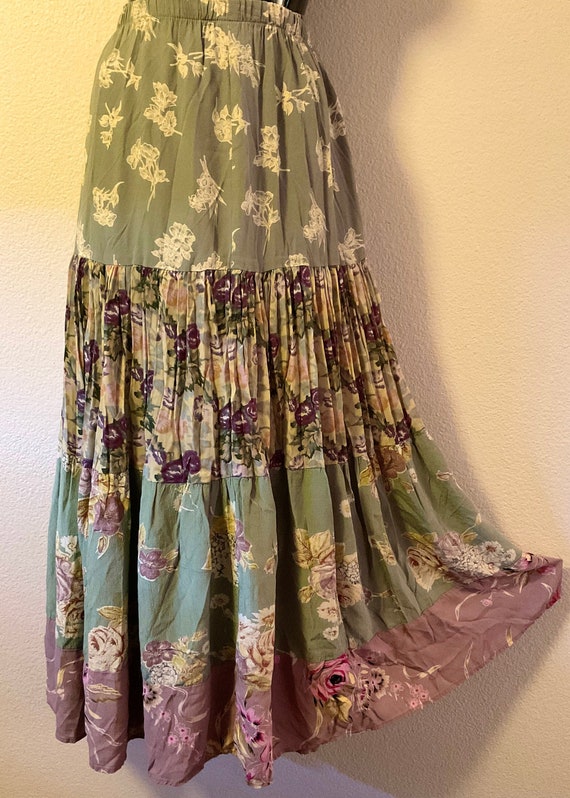 Vintage 90s Three Tier Rayon Skirt, Maxi Skirt by 
