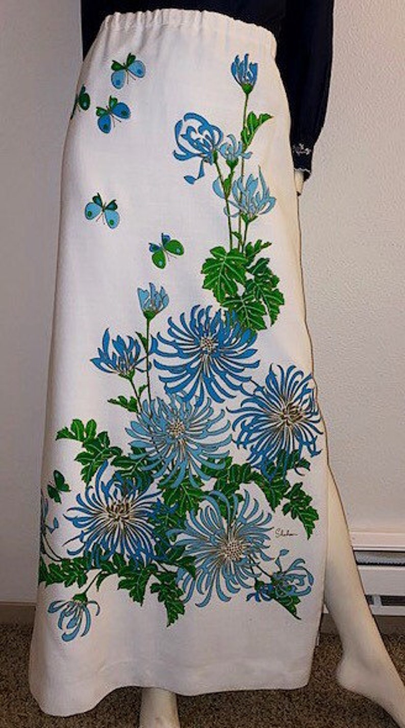 60\u2019s ALFRED SHAHEEN Maxi Skirt,Hawaiian Maxi Skirt Blue Floral Print ML Signed Vintage SHAHEEN Skirt