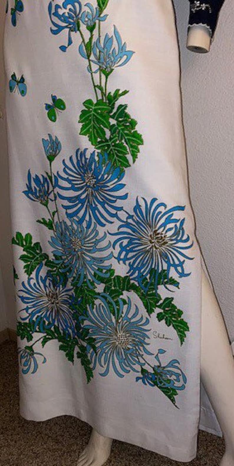 60\u2019s ALFRED SHAHEEN Maxi Skirt,Hawaiian Maxi Skirt Blue Floral Print ML Signed Vintage SHAHEEN Skirt