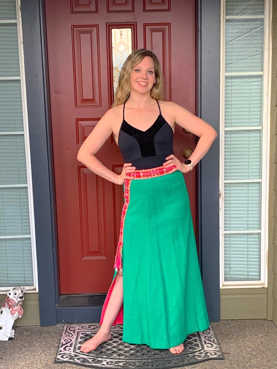 60s Wool Peruvian Artist Maxi Skirt, Green Pink Et