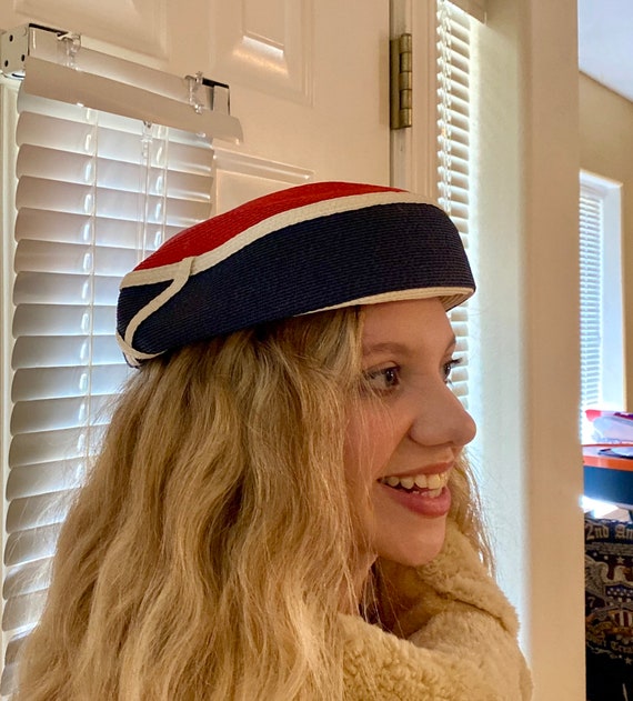 50s FRANK OLIVE Red White Blue Pillbox Hat, 1950s