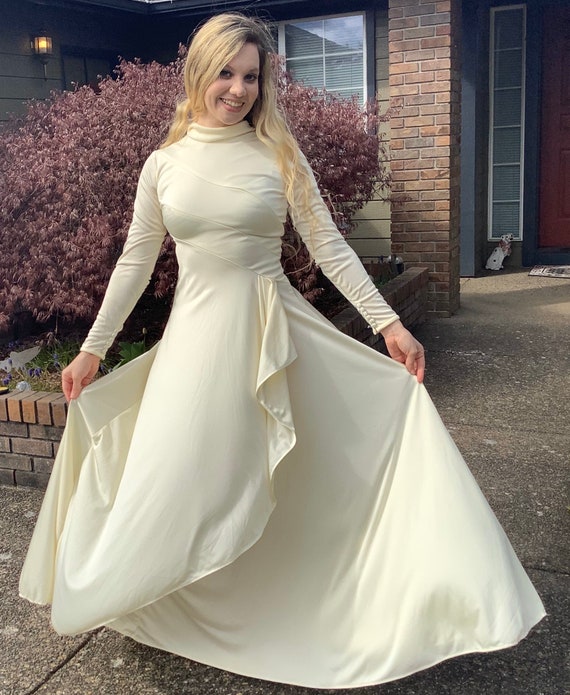 60s Long White MOD Jersey Dress, Long Sleeve All … - image 5
