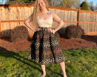 50s Mid Length Skirt, Black with Brown and White Floral Pattern. Handmade Mid Century Skirt XS Small
