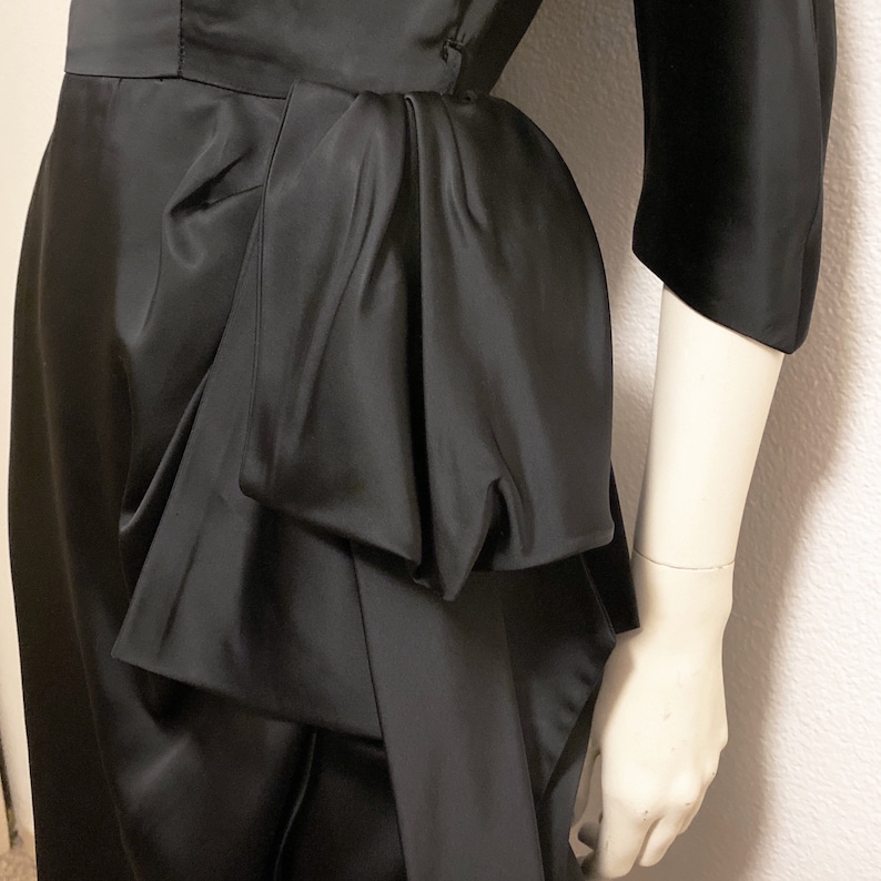 1950/'s SUZY PERETTE Black Silk New Look Stunning Draped Cocktail Dress Portrait Neckline Mrs Maisel Mad Men
