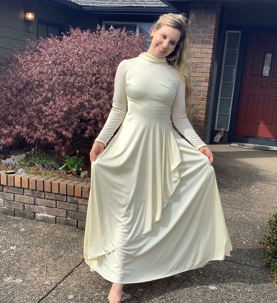 60s Long White MOD Jersey Dress, Long Sleeve All … - image 3