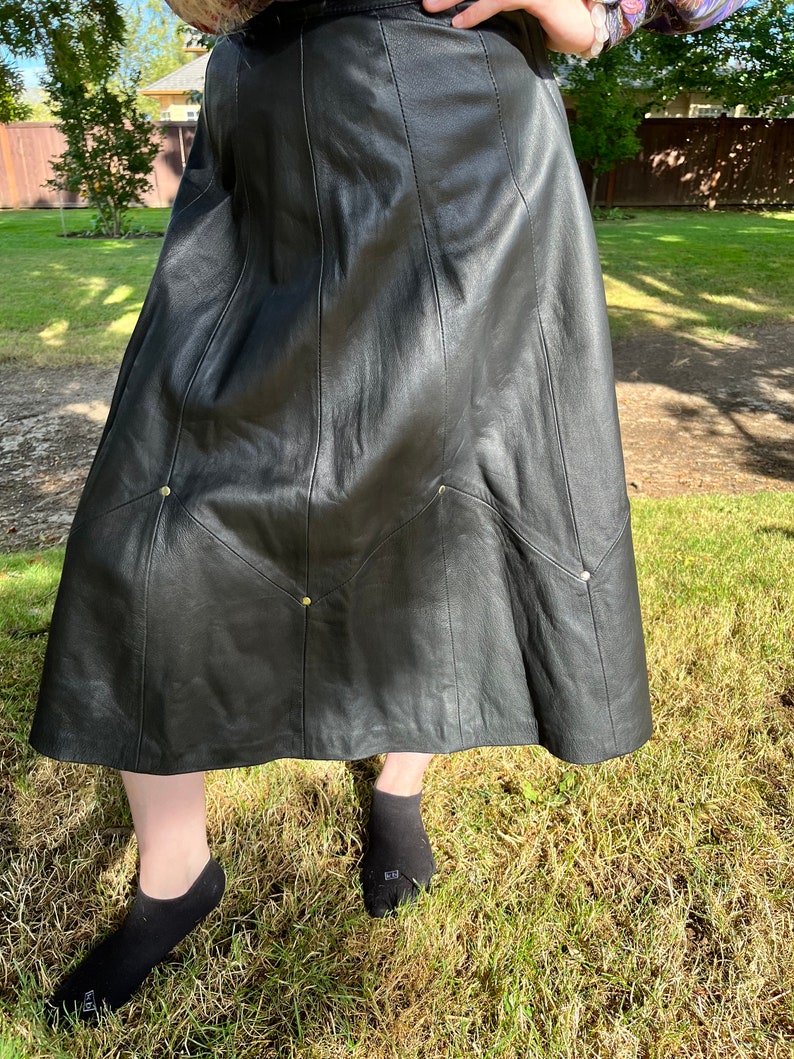 Retro 80s Black Leather MIDI Skirt, A-Line Black Leather Skirt 1980s image 3