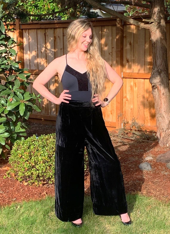 40s Palazzo Black Velvet Pants, Dramatic Glam Wide