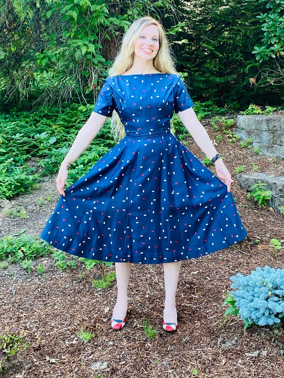 50s JANE ANDRE Silk Dress, Red White and Blue Day… - image 3