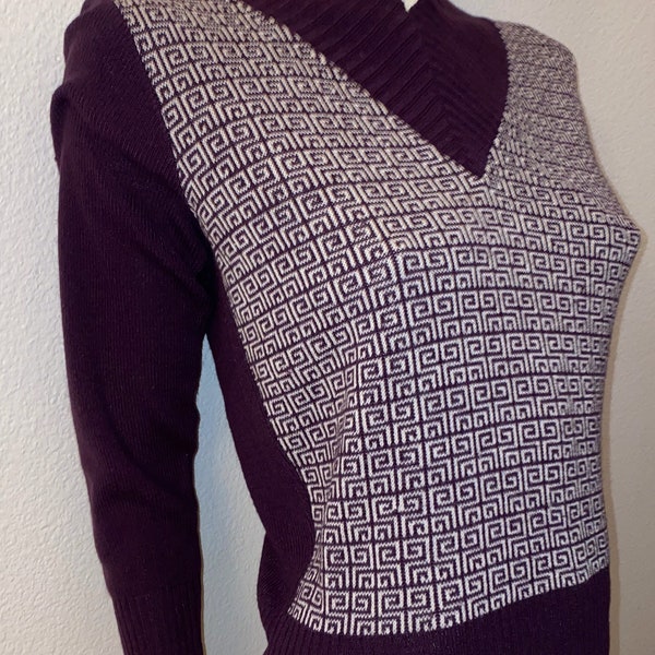 60s JOHN CRAIG Sweater, Made in England, Purple Op Art Mod Sweater, Pull Over Acrylic Designer Sweater L