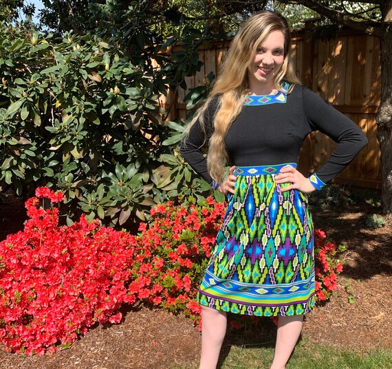60s MR DINO Print Dress, Geo Print Colorful Mr Din