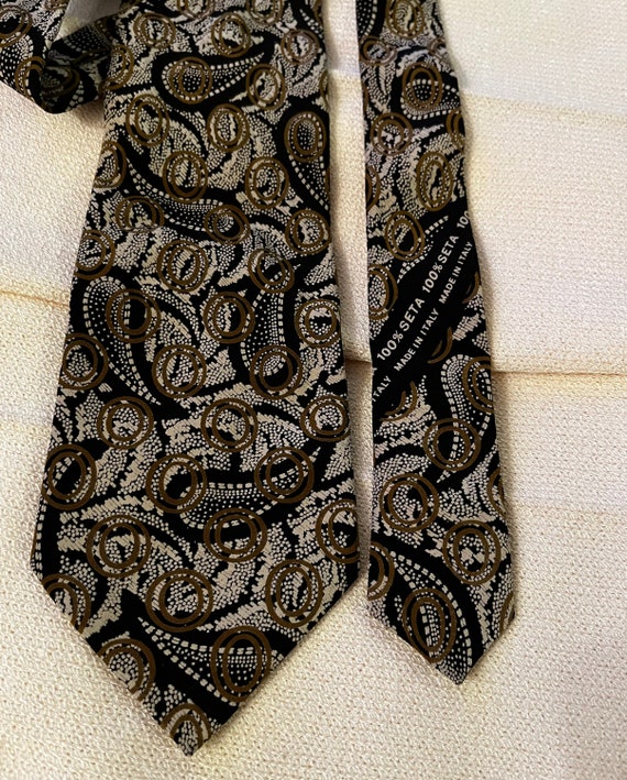 Vtg LANVIN Tie, Paisley Silk Black with Gold Tie, 