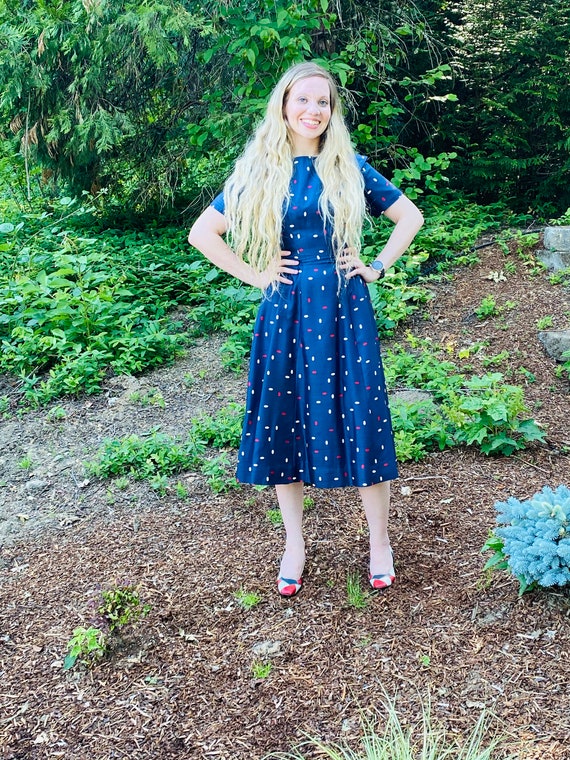 50s JANE ANDRE Silk Dress, Red White and Blue Day… - image 2