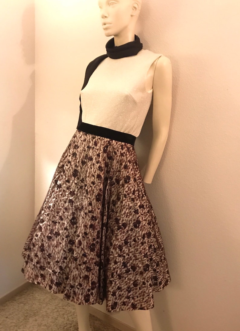 50s Lace Rockabilly Circle Skirt Swing Pinup Skirt L XL by SMART SET Sportswear Black and Brown Lace Overlay Over White Satin