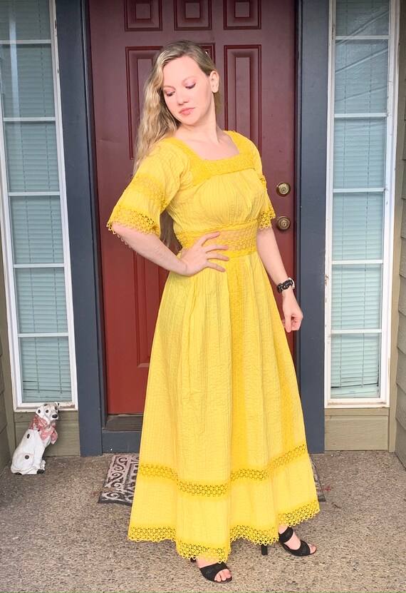60s Hippie Maxi Dress, Yellow Cotton and Crochet B