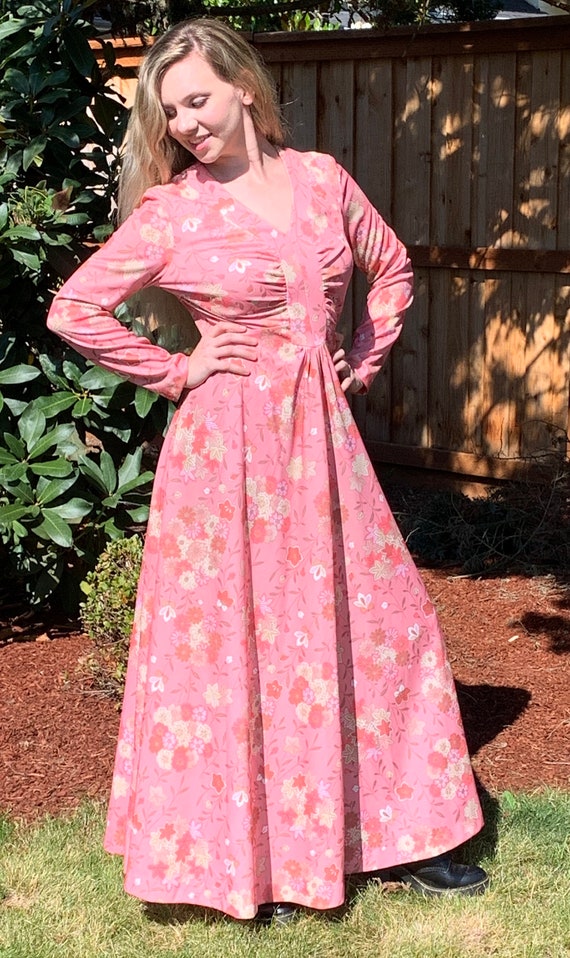 70s Pink Floral Maxi Dress, Boho Festival Dress, L