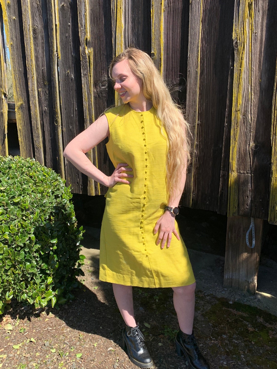 60s MOD Yellow Jumper Dress, MINNESOTA WOOLEN Button Front Dress, Wool