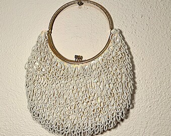 50s Hand beaded Handbag by Le Regale  White Glass Beaded with Lots of Sparkle Evening Bag