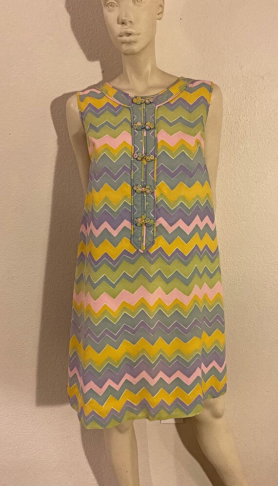 60s Zig Zag Striped Mandarin A Line Mini Dress, St