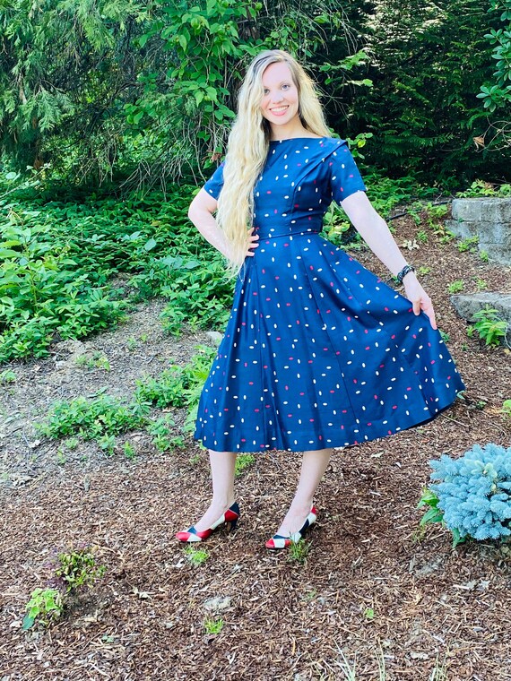 50s JANE ANDRE Silk Dress, Red White and Blue Day… - image 1