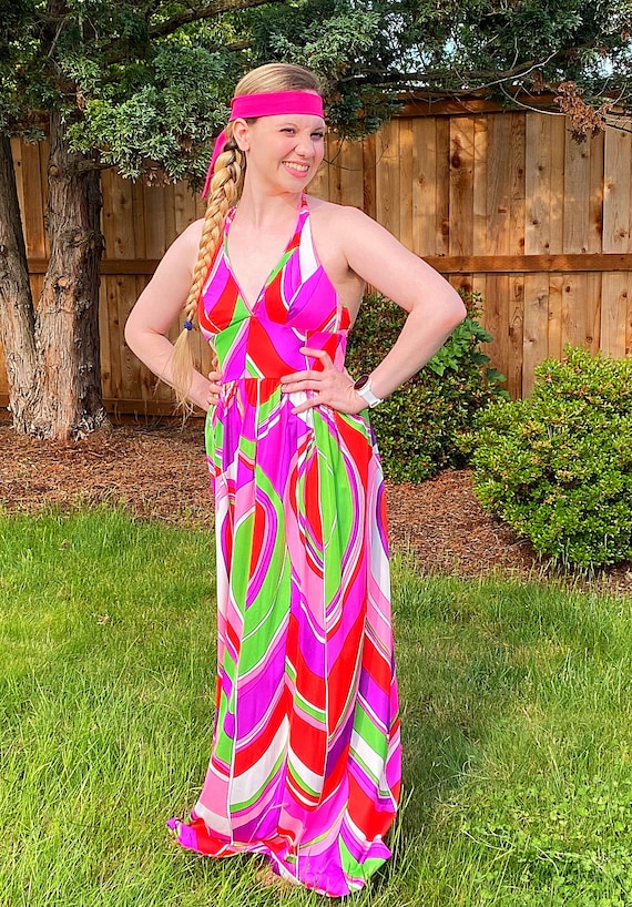 60s COLE Halter Dress, Pink Swirl Pucci Style Prin